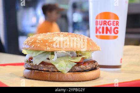 Hanovre, Allemagne. 29 novembre 2024. ILLUSTRATION - Un plateau avec un hamburger à base de plantes Whopper, frites et Coca se trouve dans un restaurant de la chaîne de restauration rapide Burger King. Crédit : Julian Stratenschulte/dpa/Alamy Live News Banque D'Images