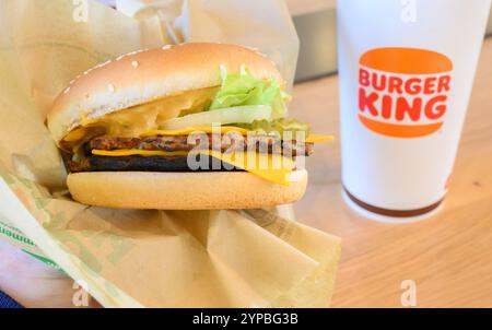 Hanovre, Allemagne. 29 novembre 2024. ILLUSTRATION - Un homme tient un hamburger à base de plantes Big King dans un restaurant de chaîne de restauration rapide Burger King. Crédit : Julian Stratenschulte/dpa/Alamy Live News Banque D'Images