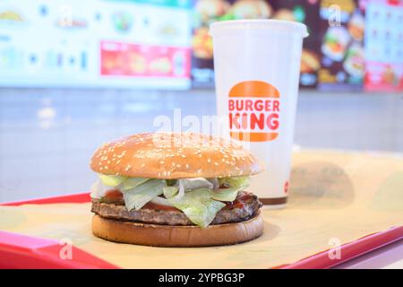 Hanovre, Allemagne. 29 novembre 2024. ILLUSTRATION - Un plateau avec un hamburger à base de plantes Whopper, frites et Coca se trouve dans un restaurant de la chaîne de restauration rapide Burger King. Crédit : Julian Stratenschulte/dpa/Alamy Live News Banque D'Images