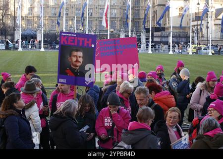 29 novembre 2024, Westminster, Londres, Royaume-Uni les militants voient le Parlement passer le projet de loi sur l'assistance à la mort le projet de loi sur l'assistance à la mort est voté au Parlement. Cela permettrait aux personnes en phase terminale de recevoir de l'aide pour mettre fin à leur vie. Avec des opinions partagées sur le projet de loi, en face des chambres du Parlement, les militants saluent le résultat du vote. Crédit photo : Roland Ravenhill/Alamy Banque D'Images