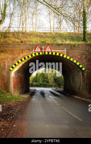 Route de campagne étroite passant sous un pont de chemin de fer bas avec des panneaux d'avertissement de hauteur et de pente Banque D'Images