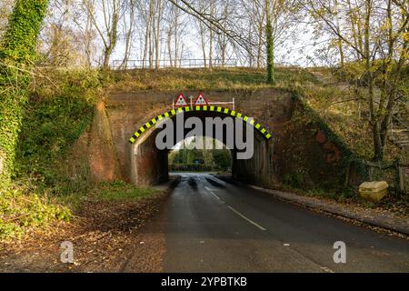 Panneaux d'avertissement de pont bas et marquages de restriction de hauteur au-dessus d'un tunnel routier étroit sous un pont ferroviaire en automne Banque D'Images