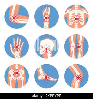 Parties du corps humain en vue radiographique. Différents clichés de rayons X de parties du corps humain avec des points douloureux squelettiques. Traumatisme anatomique chronique en forme de cercle. V Illustration de Vecteur