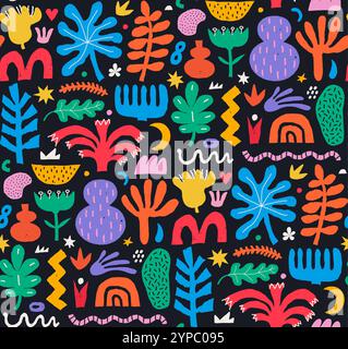 Motif sans couture abstrait avec diverses formes, figures et blobs de forme libre. Fond sans couture de vecteur moderne à la mode avec diverses plantes et gribouilles Illustration de Vecteur