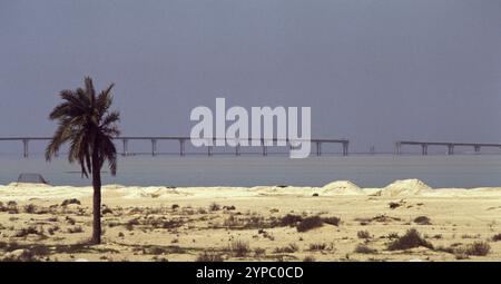 Première guerre du Golfe : 15 mars 1991. Le pont endommagé vers l'île de Bubiyan dans le nord-est du Koweït. Quatre travées du pont ont été détruites par des avions américains pendant la période précédant la guerre terrestre à la fin février. Le pont a finalement été réparé en 1999. Banque D'Images