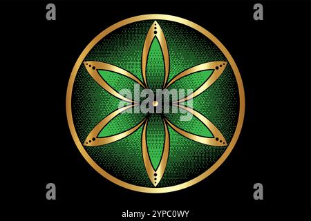Seed Flower of Life lotus icône, logo mandala géométrie sacrée, Pixel art design, symbole vert de l'harmonie et de l'équilibre. Talisman mystique, vecteur rond Illustration de Vecteur