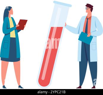 Deux scientifiques en blouses de laboratoire réalisent des expériences, tenant une presse-papiers et analysant un tube à essai géant contenant un liquide rouge, conduisant une réécoute Illustration de Vecteur