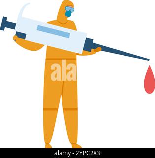 Médecin portant une combinaison jaune Hazmat et un masque protecteur tenant une seringue géante avec une gouttelette de vaccin, représentant la vaccination, les soins de santé et le pand Illustration de Vecteur