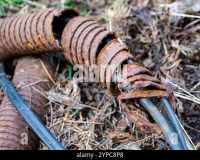 Tuyau ondulé métallique de protection détruit du câble électrique Banque D'Images