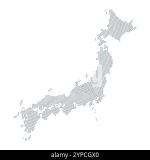 Silhouette japonaise générée à partir de points gris répartis radialement, émanant de la région de la capitale de Tokyo, montrant le continent japonais. Banque D'Images