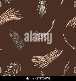 Motif sans couture aquarelle avec des brindilles et des herbes d'aquarelle dessinées à la main. Simple ornement texture bois de broussailles sec de brindilles et de plante verte. Banque D'Images