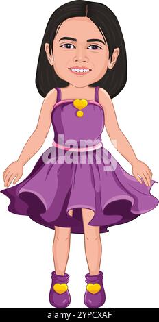 Belle fille portant l'illustration vectorielle frock. Adorable fille de dessin animé dans la robe de soirée cocktail fantaisie. Un personnage de petite fille mignon. Illustration de Vecteur