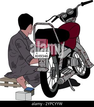 Le mécanicien répare le vélo, vue de côté portrait du jeune garçon noir réparant la moto. Illustration de Vecteur