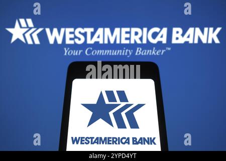 9 avril 2024, Brésil. Dans cette illustration photo, le logo Westamerica Bank est affiché sur l'écran d'un smartphone et en arrière-plan Banque D'Images