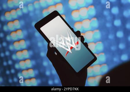 20 février 2024, Brésil. Dans cette illustration photo, le logo World Wrestling Entertainment (WWE) est affiché sur l'écran d'un smartphone Banque D'Images