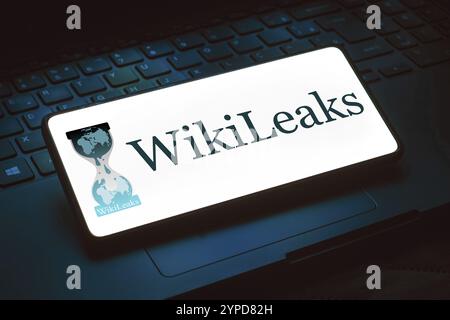 20 mai 2024, Brésil. Dans cette illustration photo, le logo WikiLeaks est affiché sur l'écran d'un smartphone Banque D'Images