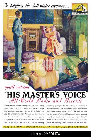 1937 publicité britannique pour des disques, des radios et des radiogrammes par His Master's Voice. Banque D'Images