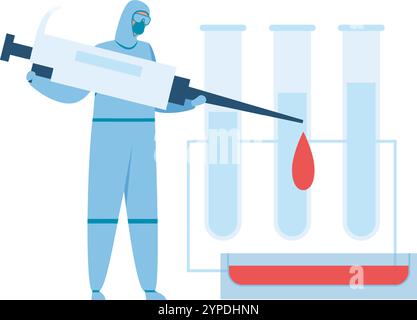 Scientifique portant une combinaison Hazmat laissant tomber un échantillon de sang dans un tube à essai à l'aide d'une seringue géante, faisant des expériences scientifiques en laboratoire Illustration de Vecteur