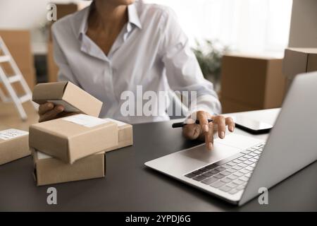 Femme propriétaire d'entreprise traitant l'ordre de magasin Internet Banque D'Images