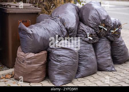 Pile de sacs à déchets biodégradables remplis de coupures de jardin et de branches placées à côté d'une poubelle brune bio sur une rue pavée Banque D'Images