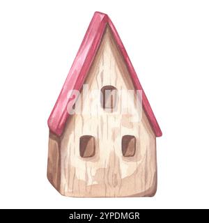 Jouet petite maison en bois avec toit en pente rouge pour gnome ou elfe. Décoration pour Noël, nouvel an. Illustration d'aquarelle dessinée à la main isolée sur blanc Banque D'Images