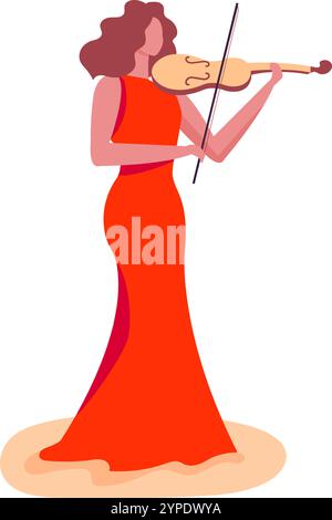 Violoniste dans une robe rouge joue gracieusement sur scène, captivant le public avec sa musique Illustration de Vecteur