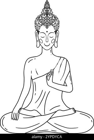 Cette œuvre montre une illustration apaisante d'art au trait d'une statue de Bouddha, symbolisant la paix et la pleine conscience. Graphismes vectoriels en noir et blanc dessinés à la main en dessin au trait pour les matériaux imprimés, les intérieurs et plus encore. Illustration de Vecteur