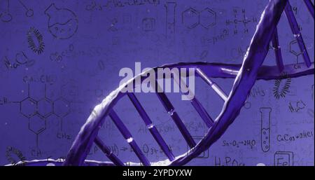 Image de formule chimique et brin d'adn sur fond bleu Banque D'Images