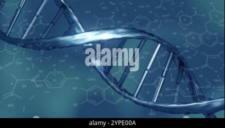 Image de formule chimique et brin d'adn sur fond bleu Banque D'Images