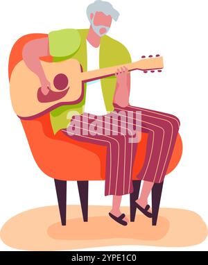 Homme âgé avec les cheveux gris et la barbe assis sur un fauteuil orange jouant une guitare acoustique brune, profitant de son passe-temps dans un environnement de détente à la maison Illustration de Vecteur