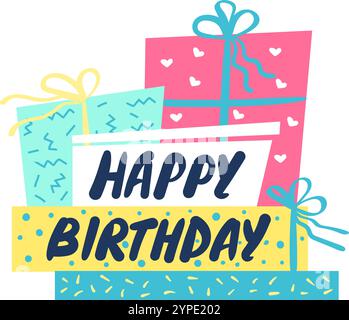 Carte de voeux joyeux anniversaire avec des boîtes-cadeaux emballées colorées avec des rubans et des coeurs, parfait pour célébrer les anniversaires et envoyer des vœux chaleureux Illustration de Vecteur