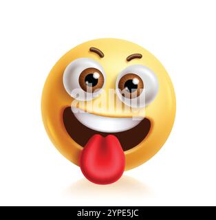 Goofy emoji clipart 3d personnage. Personnage emoji stupide dans vilain, fou, amusant, heureux, plaisanter, humour et expression faciale drôle graphique jaune Illustration de Vecteur