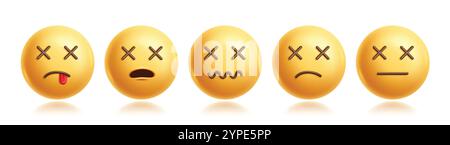 Jeu de personnages émojis clipart morts. Emoji 3d personnage dans l'oeil croisé, visage fatigué, étourdi, épuisé, inconscient et expression faciale drainée Illustration de Vecteur