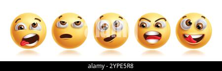 Jeu de personnages de clipart emojis vilain. Emoji 3d personnage dans stupide, fou, goofy, plaisanterie, plaisir, humour et expression faciale drôle jaune Illustration de Vecteur