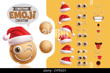 Kit de création de pain au gingembre emojis clipart Set. Personnage de pain de gingembre emoji de Noël avec visage heureux clin d'œil, chapeau de père noël, yeux et collection de bouche Illustration de Vecteur