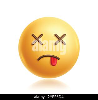 Personnage 3d emoji clipart mort. Emoji visage personnage dans les yeux croisés, fatigué, épuisé, étourdi, inconscient, expression faciale drainée et triste. Vecteur Illustration de Vecteur