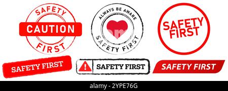 Sécurité d'abord construction sécurité danger panneau de protection attention alerte de risque timbre d'avertissement rouge badges noirs autocollant étiquette bannière emblème conception icône set Illustration de Vecteur