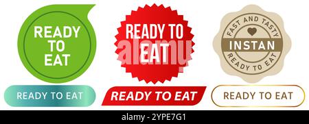 Prêt à manger instan produit de plat alimentaire consommer cuit facile manger repas cuit timbre badges colorés emblème étiquette bannière autocollant icône ensemble design Illustration de Vecteur