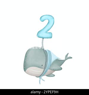 Une mignonne baleine dans sa fête d'anniversaire. Whale apporte un ballon bleu numéro 2. Grande baleine bleue look si heureux dans la fête d'anniversaire Banque D'Images
