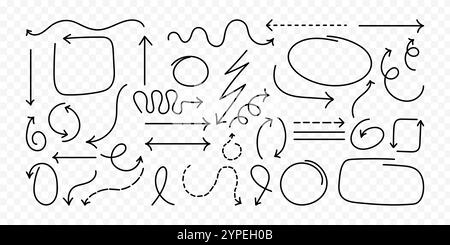 Vecteur flèches dessinées à la main et formes doodle ensemble sur fond transparent Illustration de Vecteur