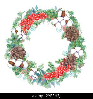 Couronne de Noël avec ilex, cônes, branches de conifères, eucalyptus et bolls de fleur de coton. Illustration d'aquarelle dessinée à la main du cadre rond Banque D'Images