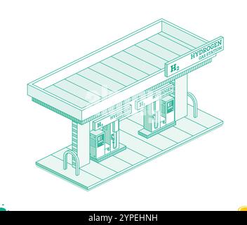 Station de remplissage d'hydrogène h2. Concept de contour isométrique. Illustration vectorielle. Objet isolé sur fond blanc. Énergie écologique propre. Illustration de Vecteur