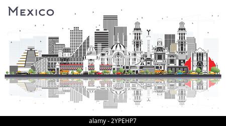 Mexico City Skyline avec des bâtiments gris et des reflets isolés sur blanc. Illustration vectorielle. Voyage d'affaires et concept de tourisme. Illustration de Vecteur