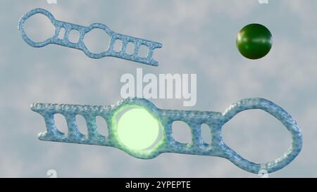 Les aptamères sont conçus pour se lier à l'analyte cible. Un fluorophore, une molécule qui émet de la lumière lorsqu'elle est excitée, est attaché à l'aptamère ; rendu 3D. Banque D'Images