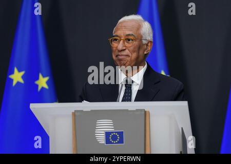 Bruxelles, Belgique. 29 novembre 2024. Le nouveau président du Conseil européen, Antonio Costa, prend la parole lors de la cérémonie de passation de pouvoir à Bruxelles, Belgique, le 29 novembre 2024. Antonio Costa, ancien premier ministre du Portugal, succédera à Charles Michel à la tête du Conseil européen le 1er décembre. Crédit : Peng Ziyang/Xinhua/Alamy Live News Banque D'Images