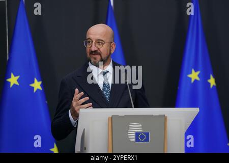 Bruxelles, Belgique. 29 novembre 2024. Le Président sortant du Conseil européen Charles Michel prend la parole lors de la cérémonie de passation de pouvoir à Bruxelles, Belgique, le 29 novembre 2024. Antonio Costa, ancien premier ministre du Portugal, succédera à Charles Michel à la tête du Conseil européen le 1er décembre. Crédit : Peng Ziyang/Xinhua/Alamy Live News Banque D'Images