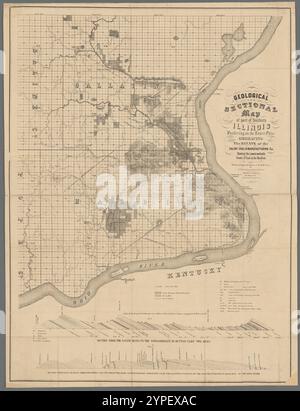 Carte géologique et en coupe d'une partie du sud de l'Illinois bordant le Lower Ohio : embrassant le domaine du Saline Coal & Manufacturing Co., montrant les veines de charbon les plus basses réalisables sur la rivière Ohio ; dessinée pour accompagner le rapport du Dr D. D. Owen 1851 - 1859 par Lyon, Sidney S. (Sidney Smith), 1808-1872 Banque D'Images