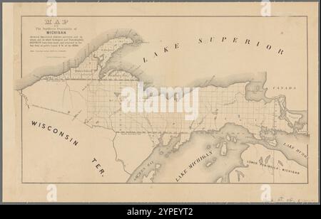 Carte de la péninsule nord du Michigan : montrant les différents districts étudiés et par qui, et sur lesquels des rapports géologiques et topographiques ont été faits, et retournés au sur. Genl. Des terres publiques N.W. de l'Ohio 1850 - 1859 par les États-Unis. Arpenteur général pour l'Ohio, l'Indiana et le Michigan Banque D'Images