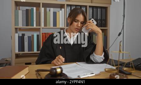 Jeune femme hispanique brune en robe judiciaire travaillant dans un bureau et parlant au téléphone tout en examinant des documents dans une salle d'audience Banque D'Images