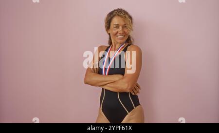 Femme souriante avec les bras croisés portant une médaille en maillot de bain noir debout contre un mur rose isolé Banque D'Images